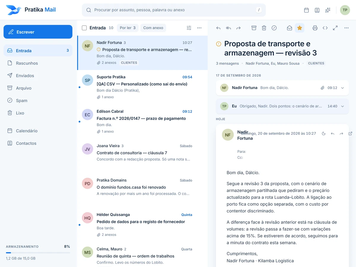 The Pratika Mail inbox with a three-message conversation open and a PDF attachment.