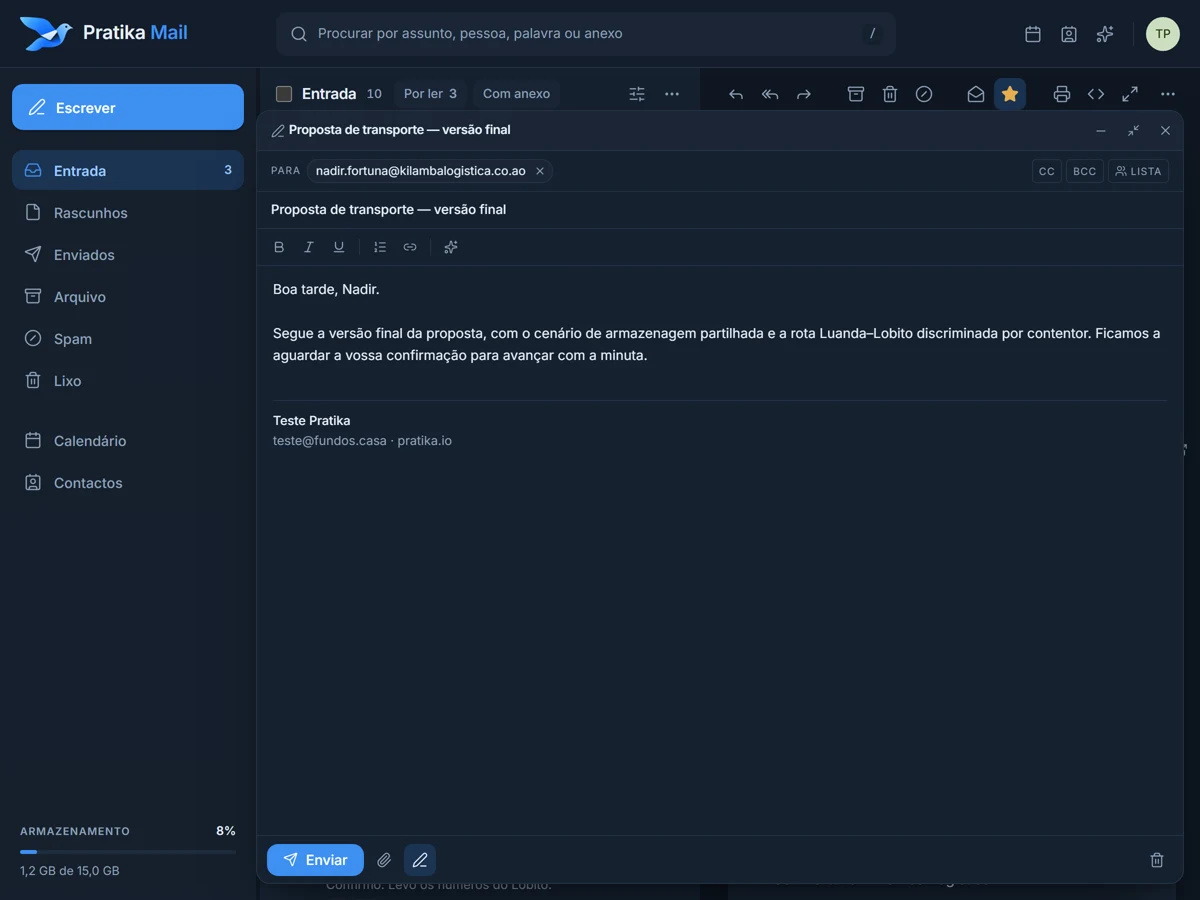 The Pratika Mail composer with a message ready to send: recipient, subject, body and signature.