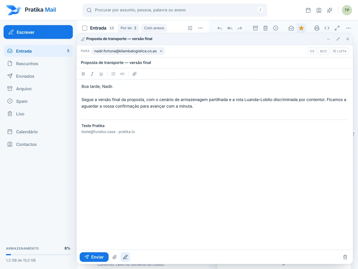 The Pratika Mail composer with a message ready to send: recipient, subject, body and signature.