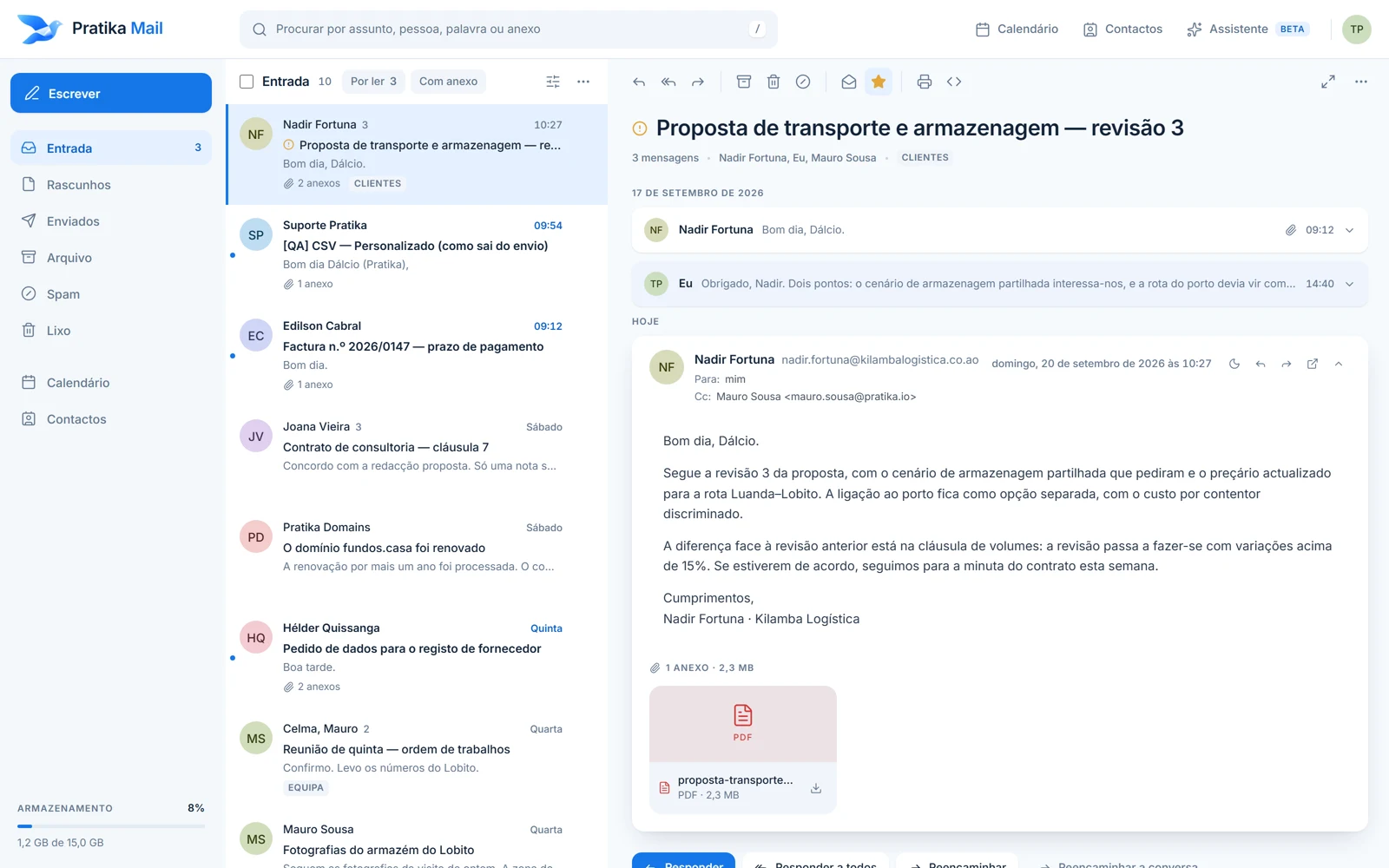 The Pratika Mail webmail: folders on the left, the conversation list in the middle and an open conversation on the right.