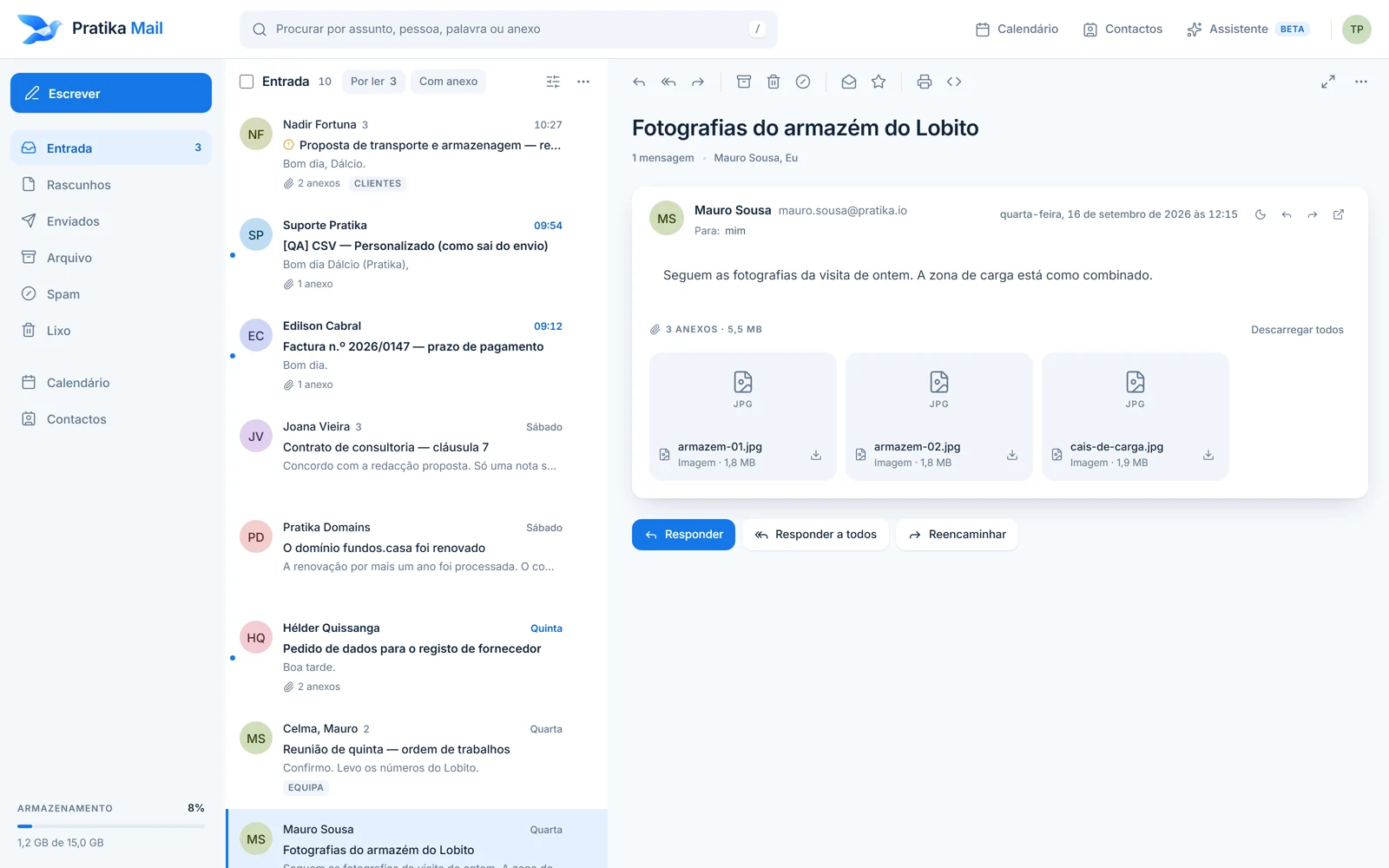Pratika Mail with a conversation open showing photo attachments, and the Inbox, Drafts, Sent, Archive, Spam and Trash folders on the left.