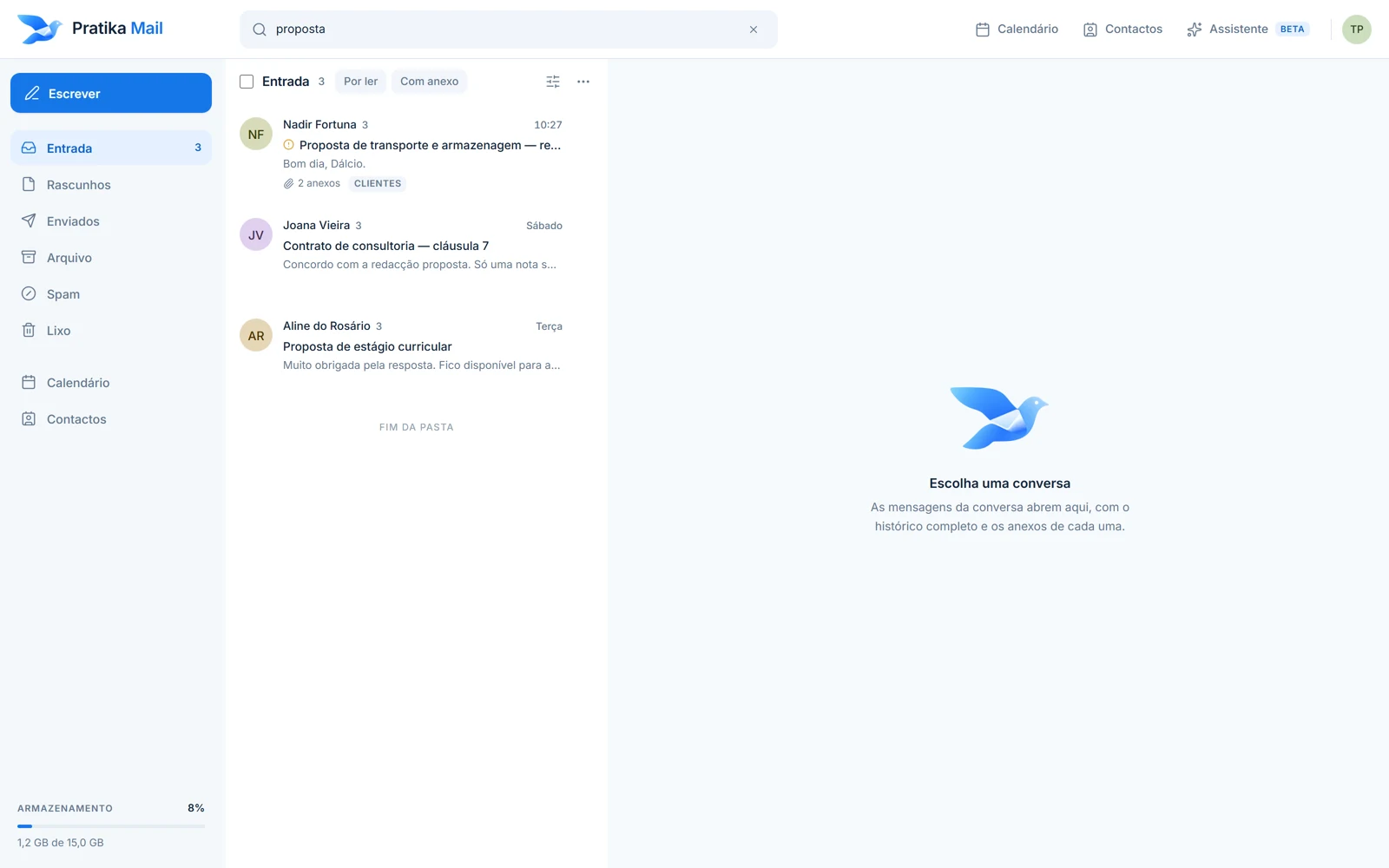 A Pratika Mail search for “proposal”, with three matching conversations in the folder.