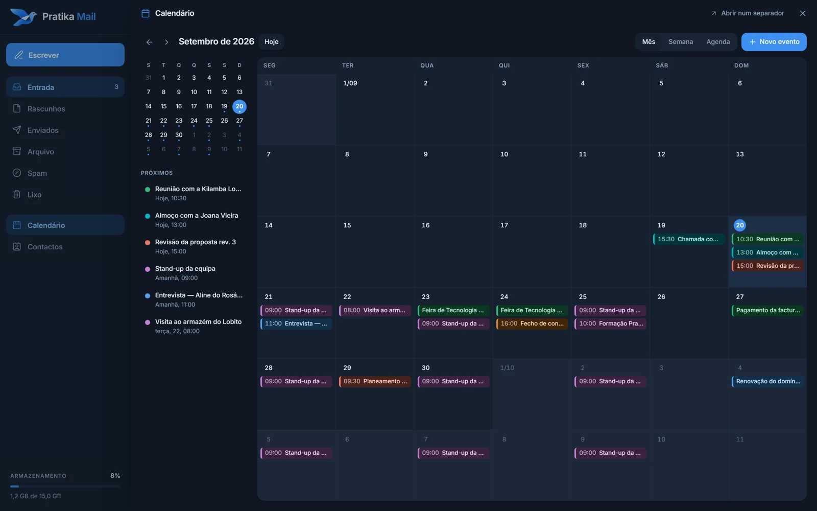 The Pratika Mail calendar showing the month and the week's events.