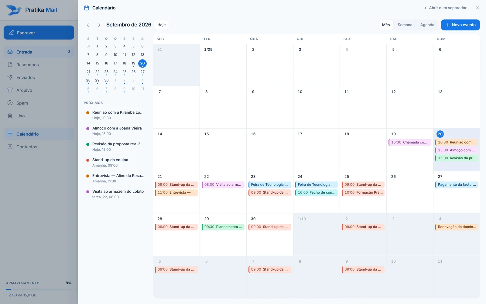 The Pratika Mail calendar showing the month and the week's events.